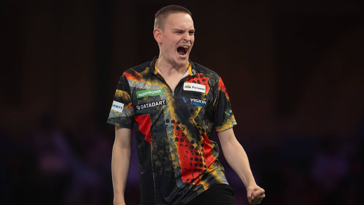 Paddy Power 2025 World Darts Championship Ricardo Pietreczko (GER) reacts in his First Round match against Xiachen Zong (CHN) (not in picture) during the 2025 Paddy Power World Darts Championship a...