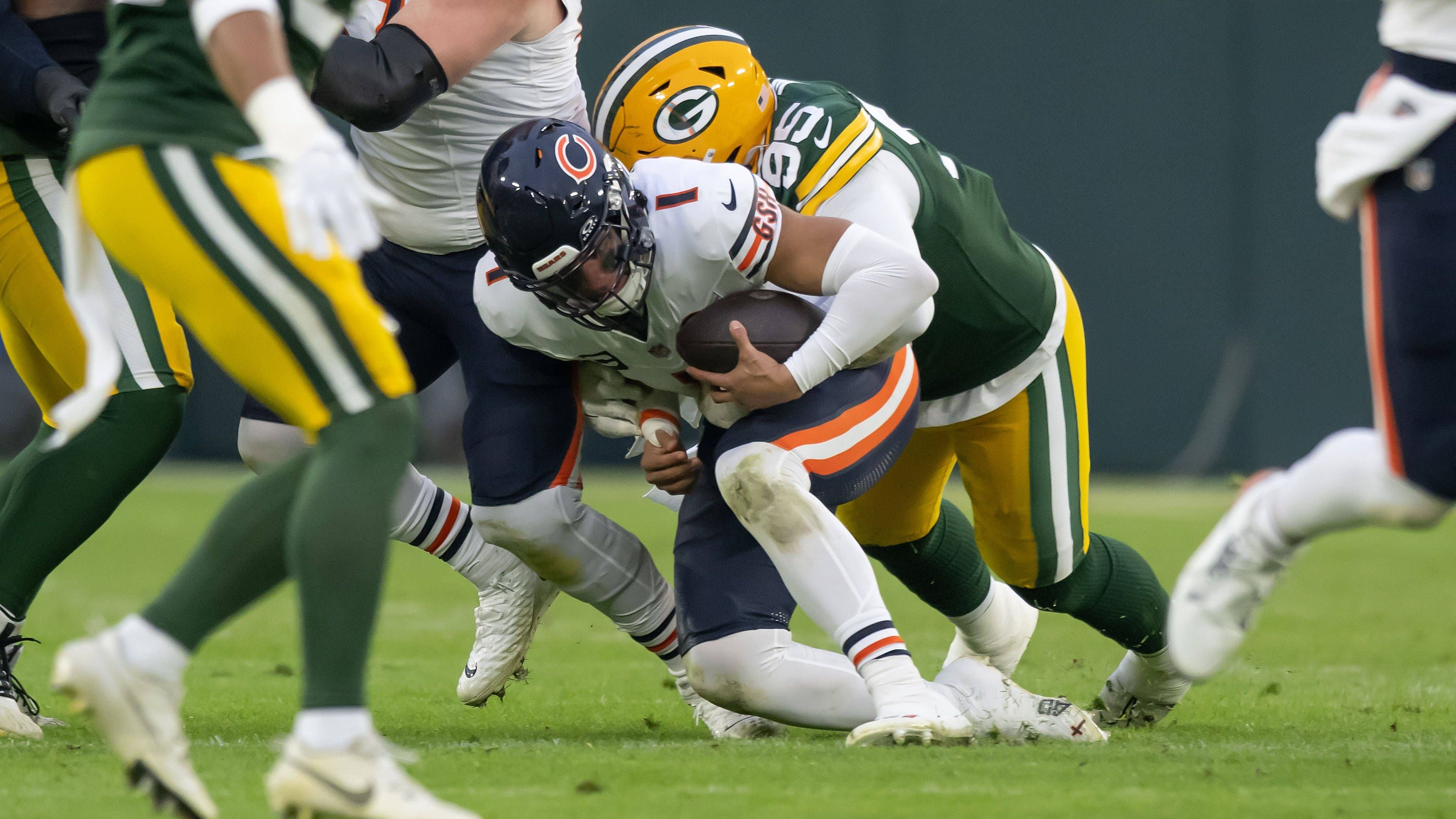 <strong>Platz 25 (geteilt): Chicago Bears</strong><br>Zugelassene Quarterback-Sacks 2023: 50