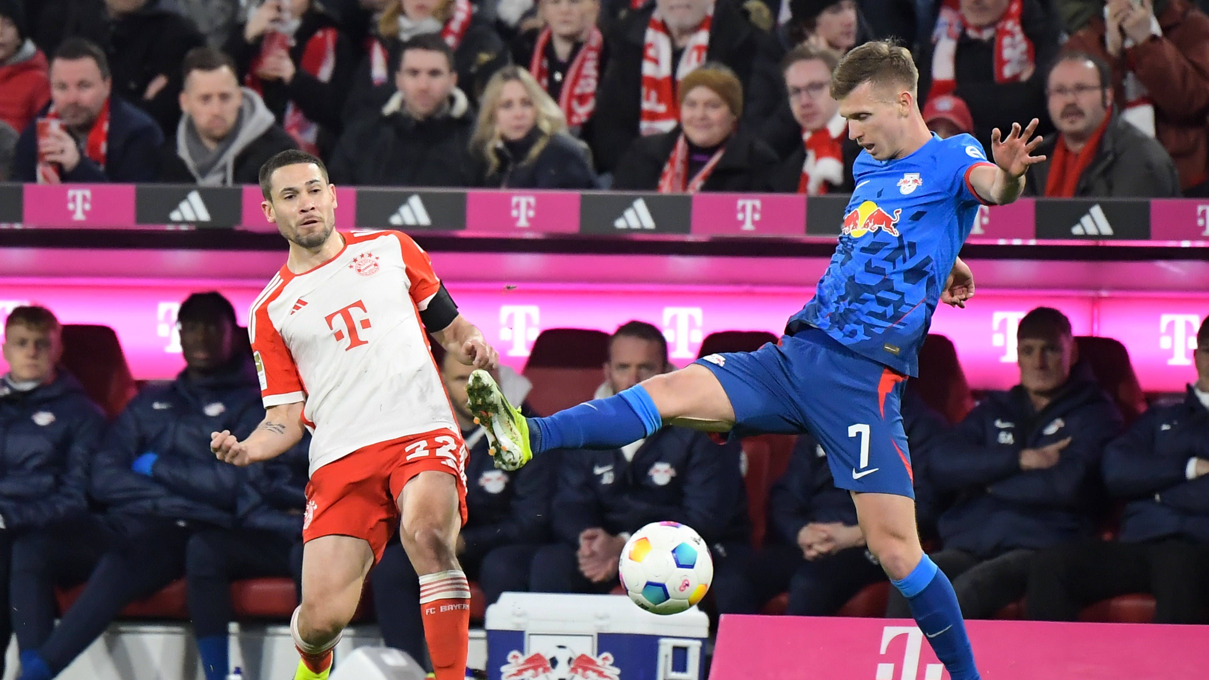 <strong>Dani Olmo (RB Leipzig)</strong><br>Der Spanier ist der Schlüsselspieler in der Leipziger Offensive, der immer wieder versucht, die Bayern-Defensive mit Pässen und Dribblings auszuhebeln. Holt zehn Minuten vor der Pause die Gelbe Karte von Pavlovic raus. Legt Sesko den zwischenzeitlichen Ausgleich stark auf. <strong><em>ran</em></strong>-Note: 2