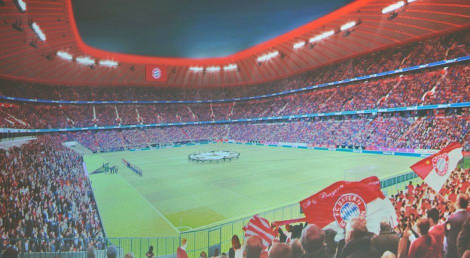 
                <strong>Design Allianz-Arena 5</strong><br>
                Und so könnte die runderneuerte Allianz-Arena während eines Spiels aussehen. Das Stadiondach erstrahlt in Bayern-Farben.
              