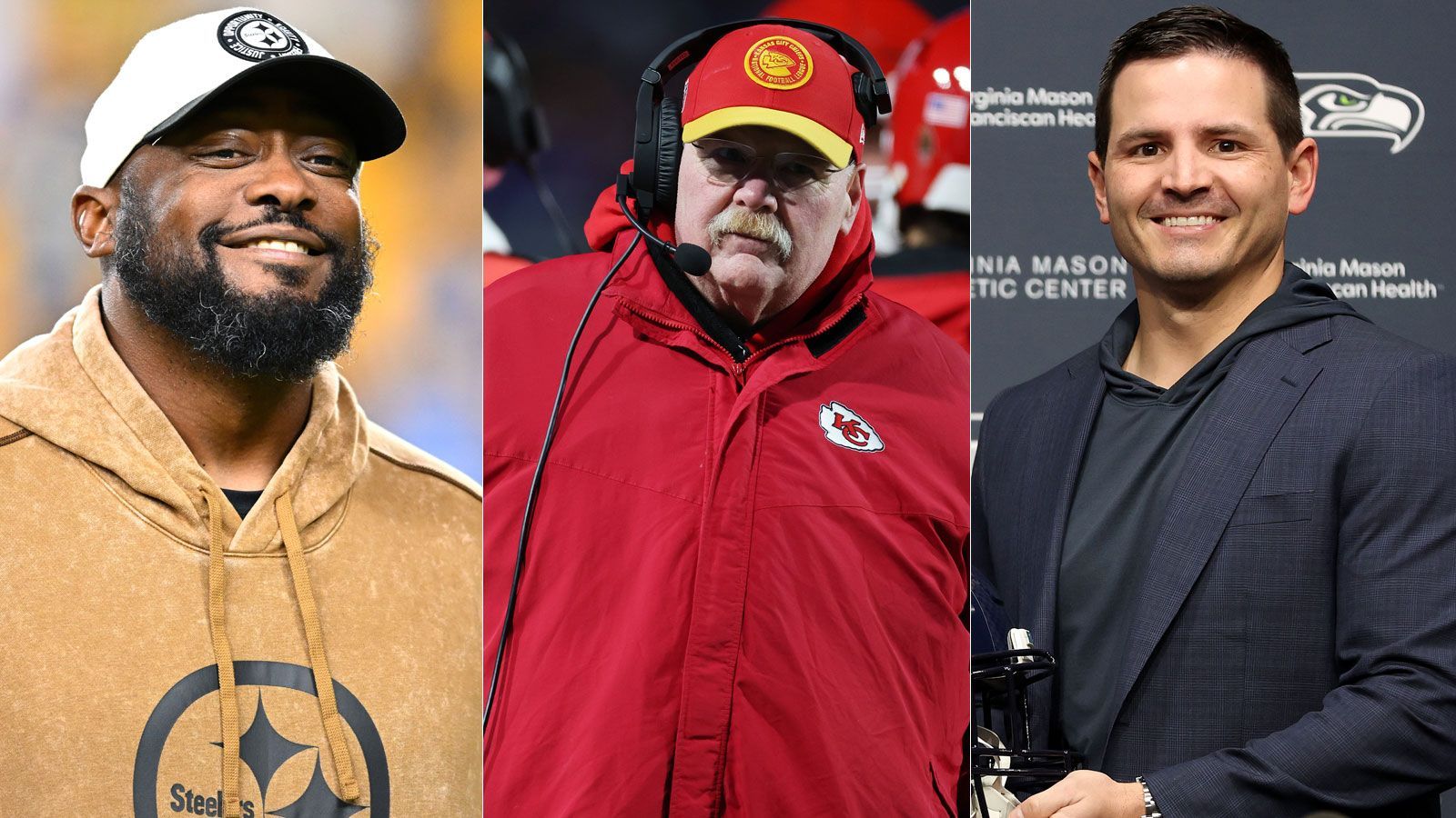 <strong>Die Head Coaches nach Geburtstag gerankt</strong><br>Mit Mike Macdonald (r.) setzen die Seattle Seahawks jetzt auf den jüngsten aller Trainer. Viele seiner Kollegen sind aber kaum älter. Andere könnten dagegen sein Vater sein. <em><strong>ran</strong></em> zeigt das Alters-Ranking der Head Coaches, beginnend mit dem Jüngstgeborenen.