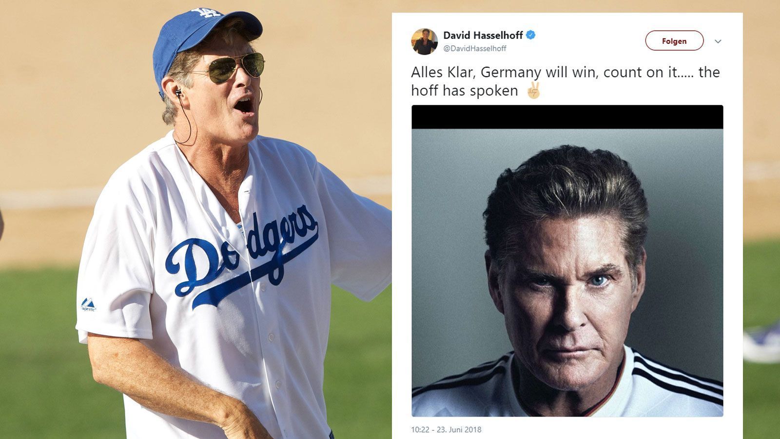 
                <strong>David Hasselhoff</strong><br>
                David Hasselhoff hat es vorausgesehen. Auf Twitter postete "The Hoff" ein Bild von sich im Deutschland-Trikot und schrieb: "Alles klar, Deutschland wird gewinnen, darauf könnt ihr zählen... The Hoff hat gesprochen". 
              