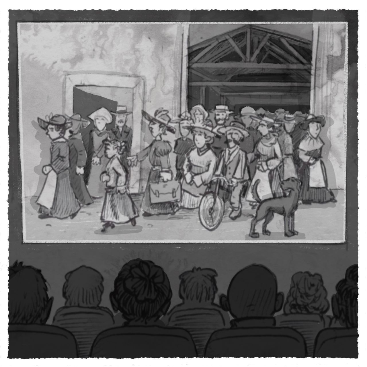 Der erste Film im Kino: Arbeiter verlassen die Lumière-Fabrik, natürlich in schwarz-weiß. Die Aufnahmen zeigten das Werkstor, Arbeiter:innen, die das Gelände verließen und einen Hund.