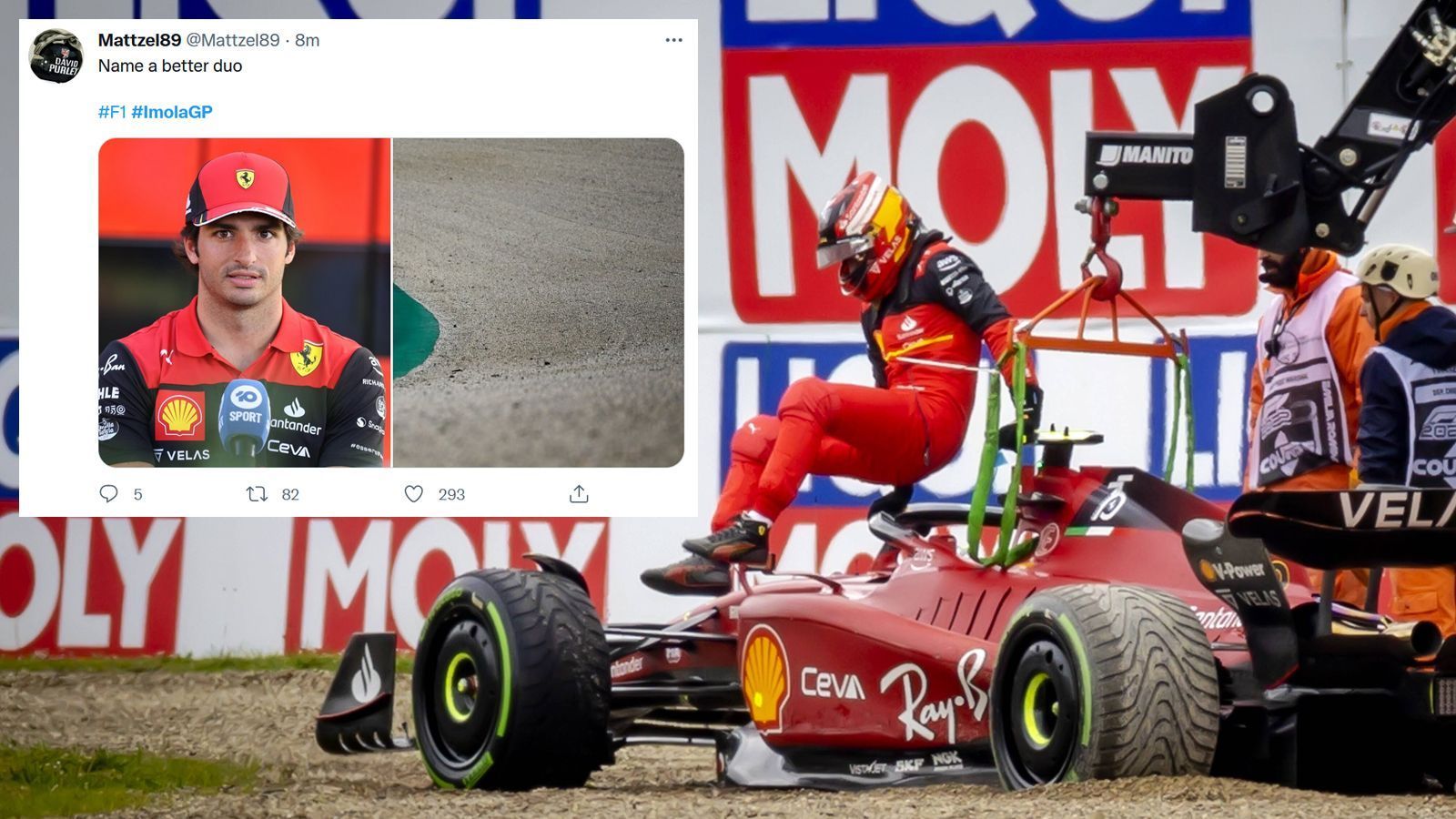 
                <strong>Carlos Sainz landet erneut im Kiesbett</strong><br>
                Und dann wird sich noch über Sainz lustig gemacht. "Nennt ein besseres Duo, als das", heißt es über den Spanier und den Kies, in dem er zum zweiten Mal in Folge in der Saison das Rennen beenden musste.
              