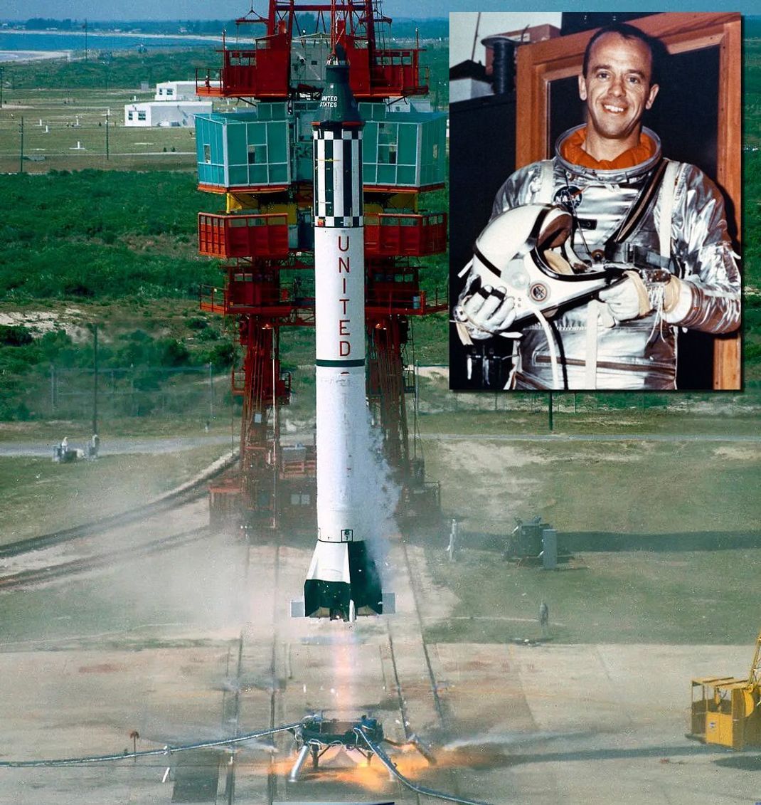 Alan Shepard hebt 1961 zum seinem ersten Abstecher ins All ab.