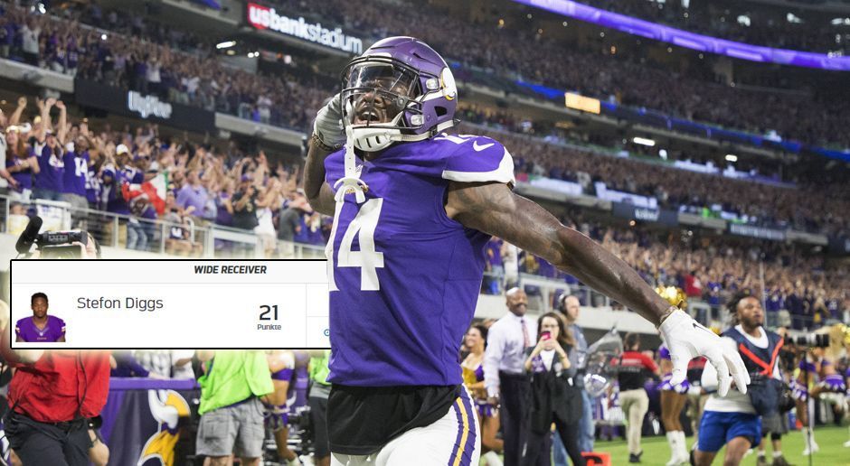 
                <strong>Wide Receiver: Stefon Diggs</strong><br>
                Receiving Yards: 93 (9 Punkte)Receiving Touchdowns: 2 (12 Punkte)Gesamtpunktzahl: 21
              