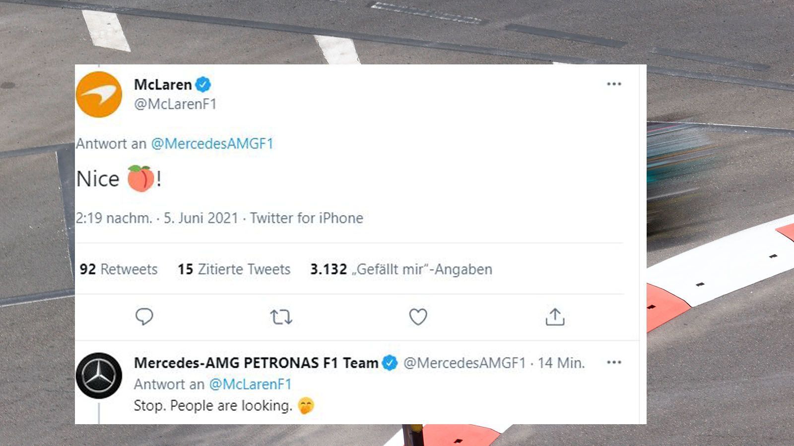 
                <strong>Auch die Teams haben Spaß</strong><br>
                Die Unterbrechungen in Q1 sorgen auch bei den Team-Accounts für eine Menge Spaß. McLaren hatte zuvor ein Foto von einem der eigenen Autos gepostet. 
              