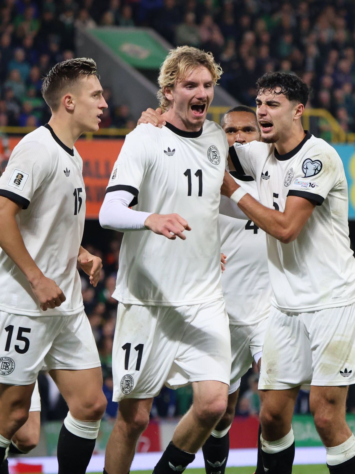 13.10.2025, Fussball, Herren, European Qualifiers, 8. Spieltag, Nordirland - Deutschland, Torjubel zum 0:1, Torschütze: Nick Woltemade (Deutschland) Belfast Windsor Park Belfast Nordirland (NIR) **...