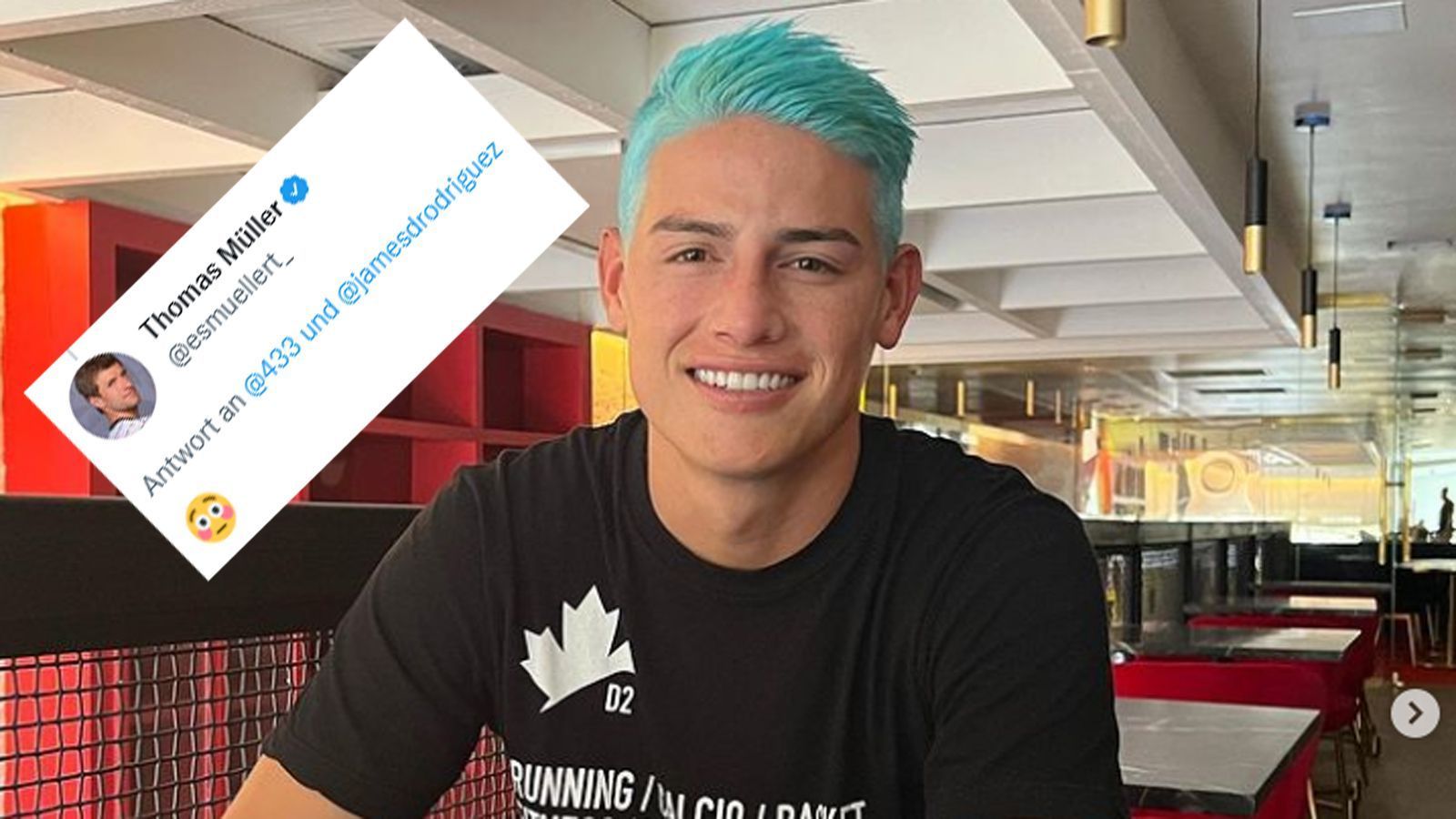 
                <strong>James Rodriguez</strong><br>
                "Erneuert", schreibt der frühere Bayern-Spieler James Rodriguez auf seinem instagram-Profil und präsentiert seine neue Haarfarbe. Der kolumbianische Nationalspieler Falcao antwortet: "Was ist denn da passiert?!" Ex-Bayern-Kollege Arturo Vidal kommentiert das Foto mit einer Kombination aus schockierten und lachenden Emojis. Und auch der schockierte Smiley von Thomas Müller spricht für sich.
              