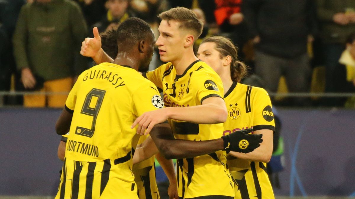 29.01.2025, xgrfx, Fussball UEFA Champions League, Borussia Dortmund - Schachtar Donezk v.l. Tor, Serhou Guirassy (Borussia Dortmund) (DFL DFB REGULATIONS PROHIBIT ANY USE OF PHOTOGRAPHS as IMAGE S...