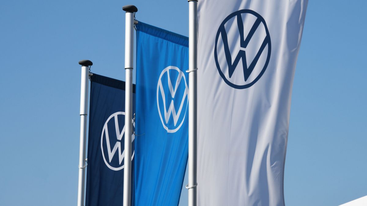 Hanover, Lower Saxony / Germany - April 5, 2020: Flags with the new logo of AG in Hanover, Germany -is one of the world's leading manufacturers of automobiles