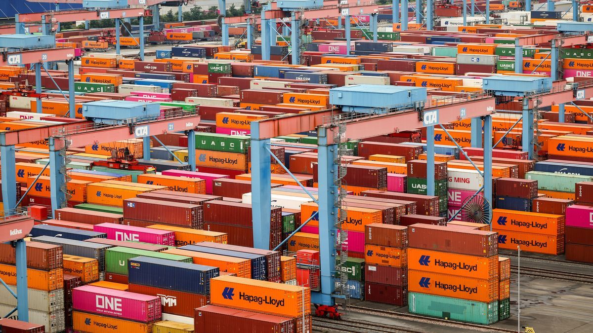 Container werden am Hamburger Hafen gelagert und verladen. 