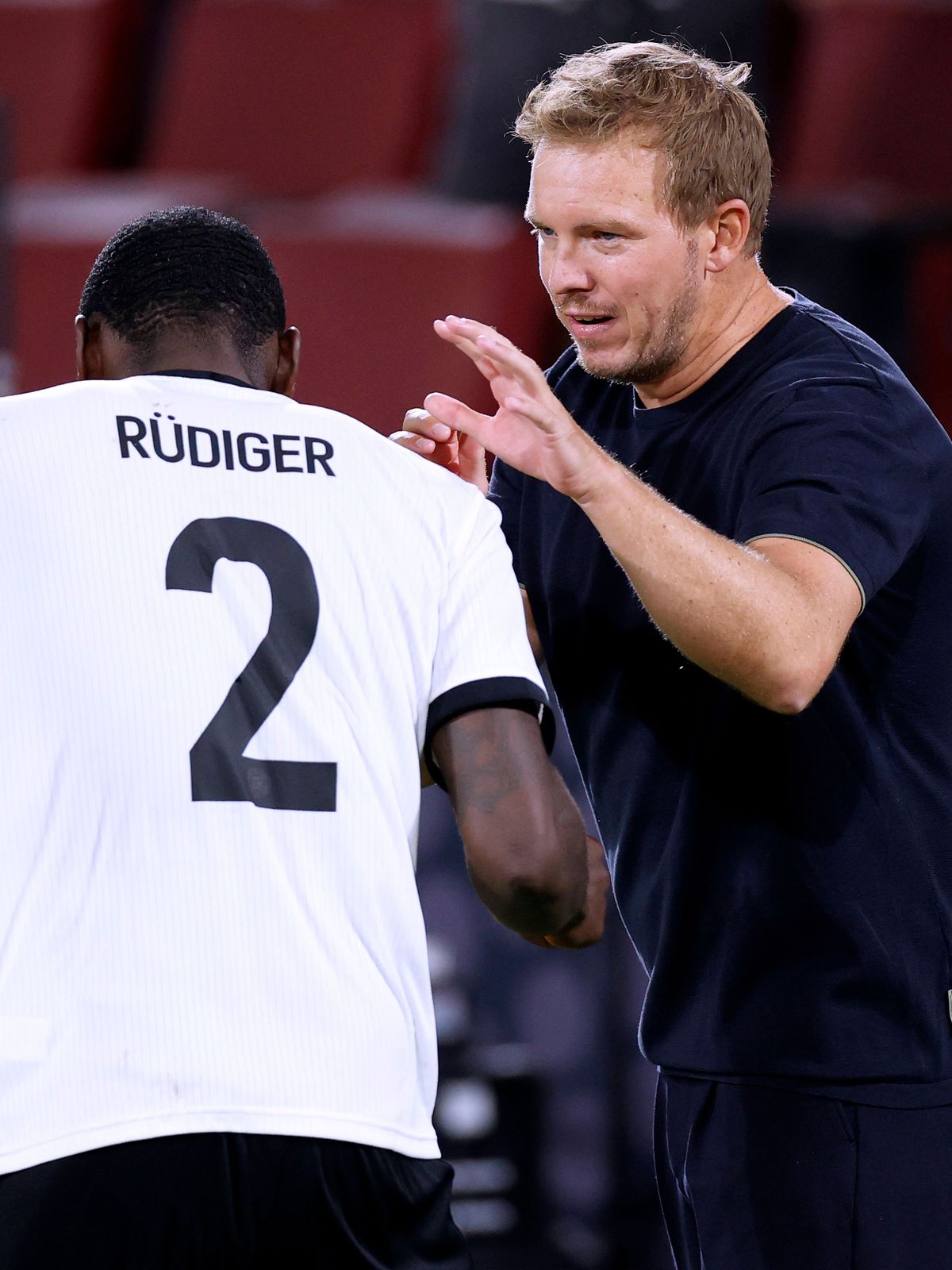 NAGELSMANN Julian Trainer Team Deutschland mit RUEDIGER Antonio WM Qualifikation Spiel Deutschland - Nord Irland 3 : 1 am 07.09.2025 in Koeln DFL REGULATIONS PROHIBIT ANY USE OF PHOTOGRAPHS as IMAG...