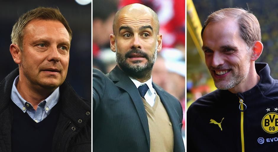 
                <strong>Die Gehälter der Trainer</strong><br>
                Bayerns Coach Pep Guardiola (Mitte) darf sich über das höchste Trainer-Gehalt in der Bundesliga freuen. Auch Thomas Tuchel (r.) lässt sich seine Arbeit bei Borussia Dortmund gut bezahlen, während Schalke-Trainer Andre Breitenreiter (l.) beim Gehaltsranking nur im Mittelfeld landet. (Quelle: Sportbild)
              