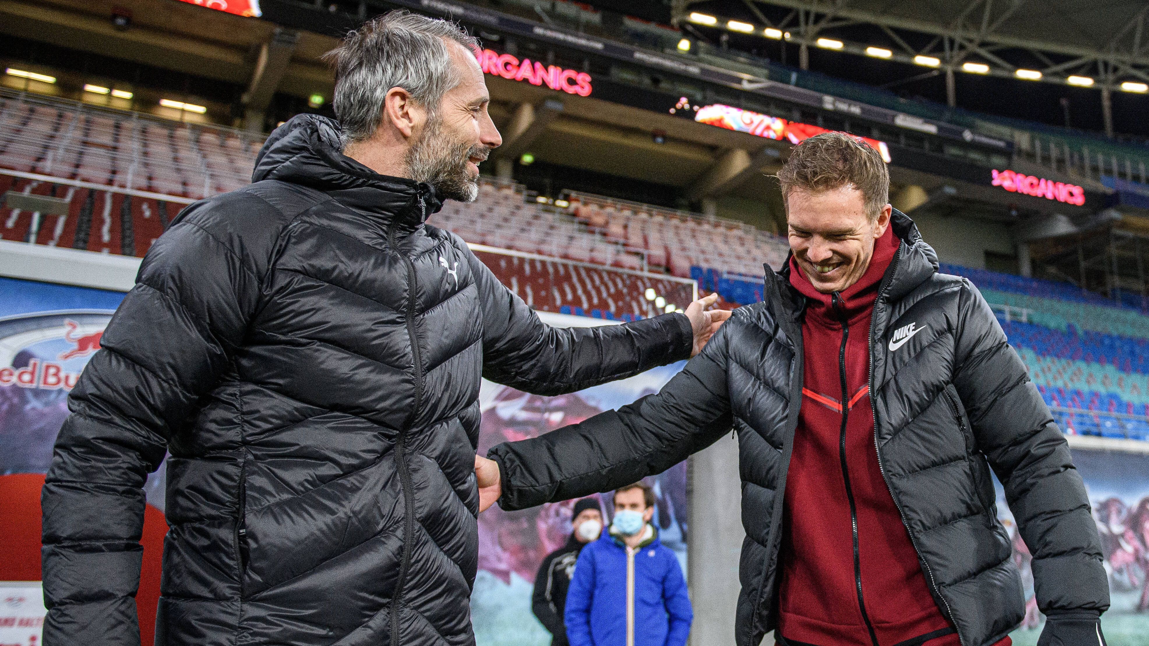 
                <strong>Neue Trainer wollen ersten Titel</strong><br>
                Sowohl Julian Nagelsmann (r.) als auch Marco Rose warten noch auf ihren ersten Titel im deutschen Profifußball. Für einen der beiden ist die Durststrecke am Dienstagabend definitiv vorüber.
              