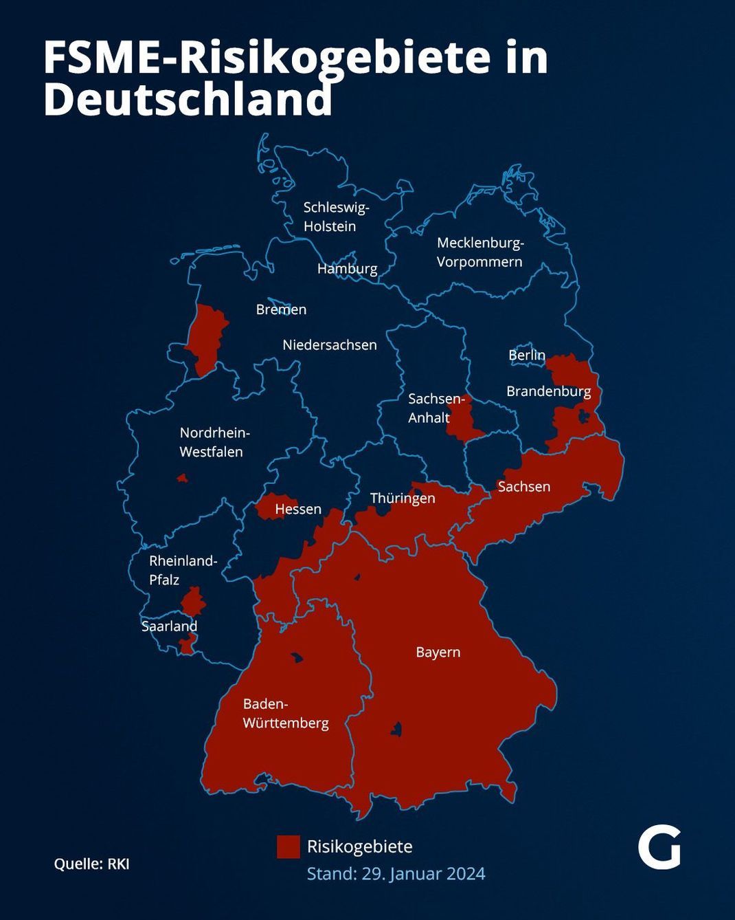 Hier siehst du die FSME-Risikogebiete in Deutschland.