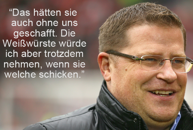 
                <strong>Max Eberl</strong><br>
                Gladbachs Sportdirektor Max Eberl beweist nach dem 1:0-Sieg der Borussia gegen Wolfsburg, durch den der FC Bayern vorzeitig zum 25. Mal deutscher Meister geworden ist, Humor.
              