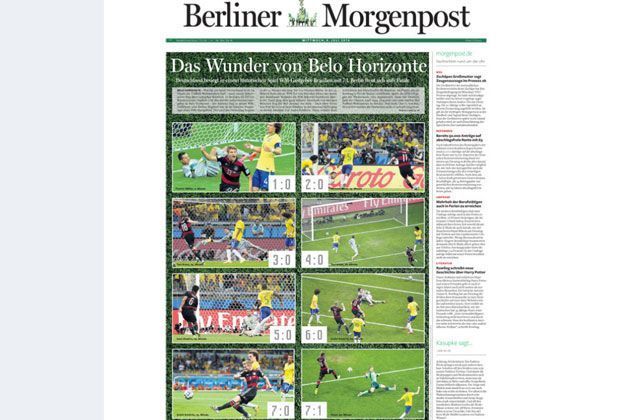 
                <strong>Berliner Morgenpost</strong><br>
                Die "Berliner Morgenpost" beschwört "Das Wunder von Belo Horizonte" und zeigt auf seiner Titelseite nochmal alle Treffer in Bildern.
              