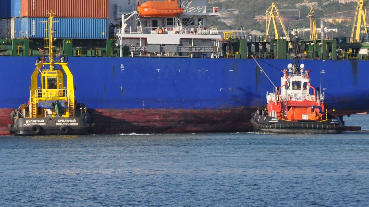 Russland, Noworossijsk: Containerschiff im Hafen von Noworossijsk am Schwarzen Meer