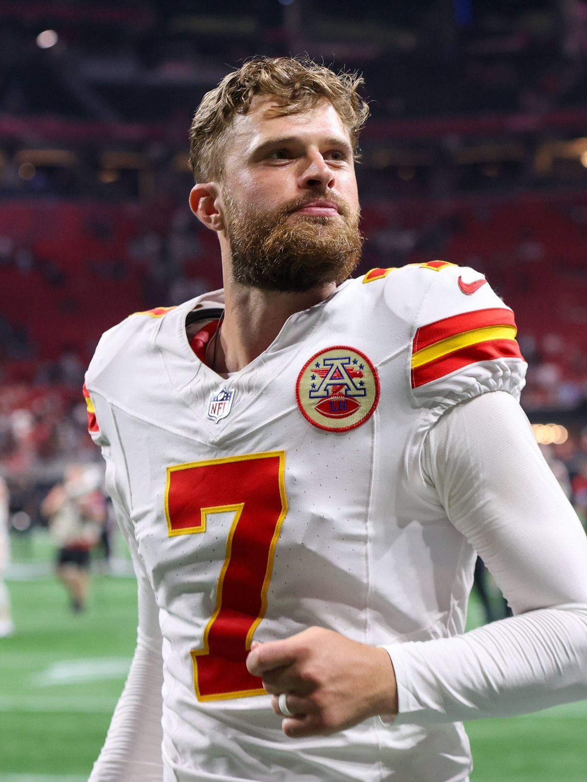 NFL, American Football Herren, USA Kansas City Chiefs at Atlanta Falcons Sep 22, 2024; Atlanta, Georgia, USA; Kansas City Chiefs place kicker Harrison Butker (7) runs off the field after a victory ...