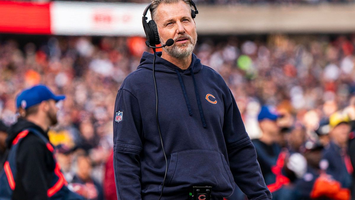 CHICAGO, IL - NOVEMBER 17: Chicago Bears Head Coach Matt Eberflus reacts to a play during the game between the Green Bay Packers and the Chicago Bears at Soldier Field on November 17, 2024. (Photo ...