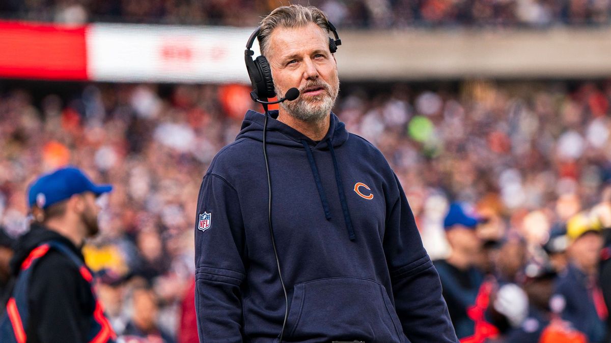 CHICAGO, IL - NOVEMBER 17: Chicago Bears Head Coach Matt Eberflus reacts to a play during the game between the Green Bay Packers and the Chicago Bears at Soldier Field on November 17, 2024. (Photo ...