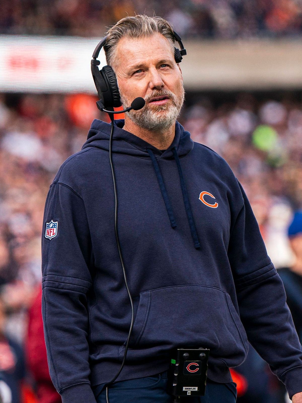 CHICAGO, IL - NOVEMBER 17: Chicago Bears Head Coach Matt Eberflus reacts to a play during the game between the Green Bay Packers and the Chicago Bears at Soldier Field on November 17, 2024. (Photo ...