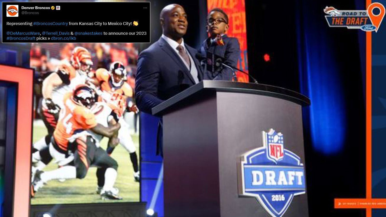 
                <strong>Denver Broncos: DeMarcus Ware, Terrell Davis und Jake Plummer</strong><br>
                Bei den Denver Broncos wird es 2023 einige ehemalige Gesichter der Franchise geben, die einen Draft-Pick bekanntgeben. So darf DeMarcus Ware am zweiten Tag wohl mindestens einen Pick live in Kansas City benennen. Am dritten Tag des Drafts werden Terrell Davis und Jake Plummer gemeinsam mit Diana Flores, einer Botschafterin für Flag Football, einen Pick aus Mexico City offiziell machen.
              