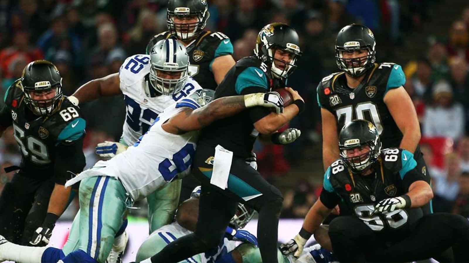 <strong>2014 in London: Jacksonville Jaguars vs. Dallas Cowboys</strong><br>
                Tony Romo in Bestform! Der Cowboys-Quarterbacks sorgte für drei Touchdown-Pässe und führte sein Team zu einem ungefährdeten 31:17-Erfolg gegen die Jacksonville Jaguars.
