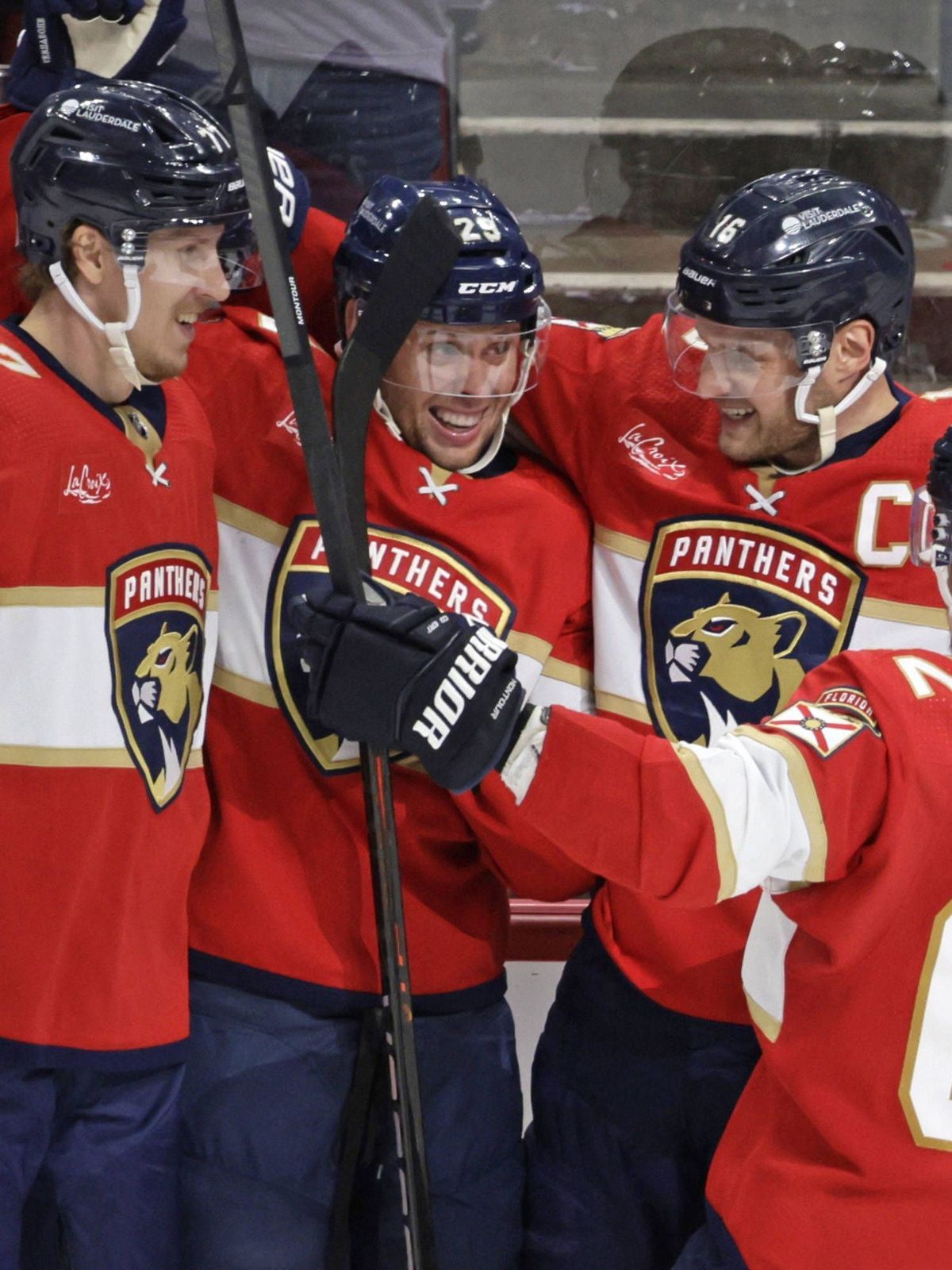 April 30, 2024, Sunrise, Florida, USA: Florida Panthers center Carter Verhaeghe celebrates after scoring against the Tampa Bay Lightning during the second period of Game 5 of the Stanley Cup playof...