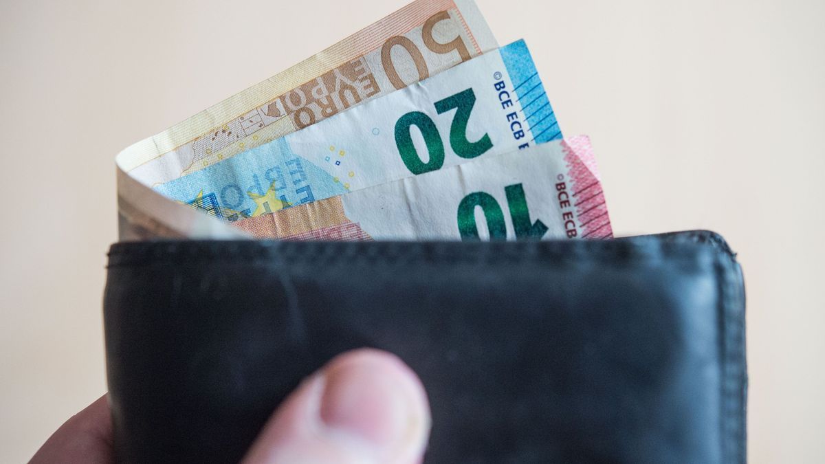 Symbolbild - Geldscheine stecken in einem Geldbeutel, der von einer Hand gehalten wird. 