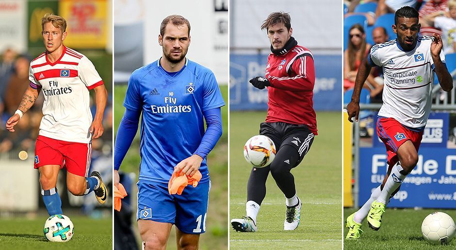
                <strong>Hamburger SV</strong><br>
                Aufgrund der schwierigen finanziellen Situation möchte der HSV in der kommenden Saison Gehälter einsparen. Lewis Holtby (l.) und Pierre-Michel Lasogga (2.v.l.) gehören zu den Top-Verdienern. Deshalb würde sich der Verein gerne von ihnen trennen. Batuhan Altintas (2.v.r.) und Mohamed Gouaida (r.) durften zuletzt gar nicht mehr mit ins Trainingslager und stehen vor einem Abschied aus Hamburg.
              