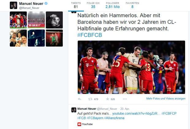 
                <strong>Manuel Neuer</strong><br>
                Der Bayern-Keeper verweist auf das Champions-League-Halbfinale vor zwei Jahren, als der Rekordmeister die Katalanen mit 4:0 und 3:0 aus dem Stadion schossen.
              