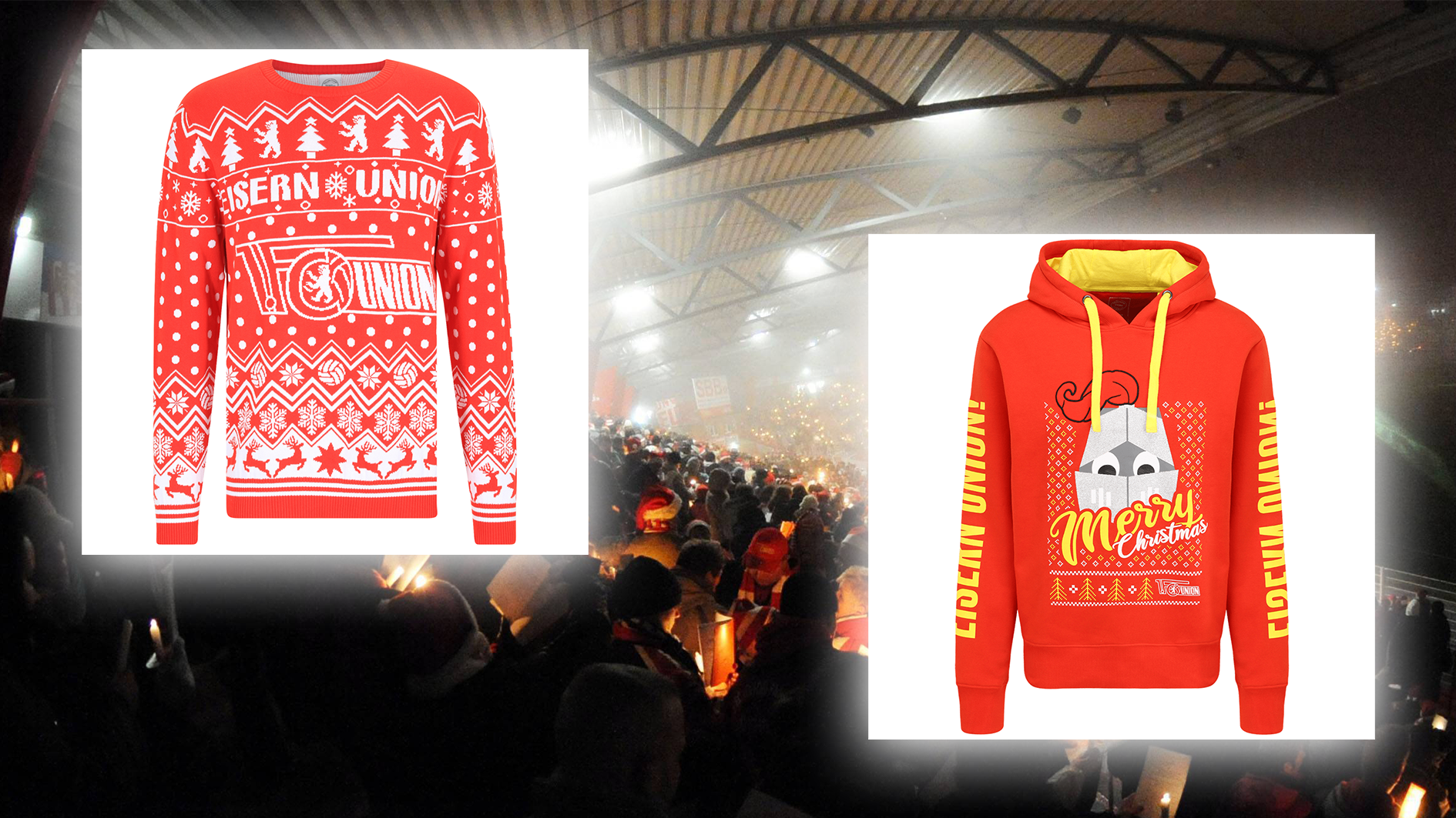 <strong>1. FC Union Berlin</strong><br>Die Köpenicker haben gleich zwei Weihnachtspullis im Sortiment: Der klassische Christmas Sweater und der Weihnachts-Hoodie mit Maskottchen Ritter Keule.