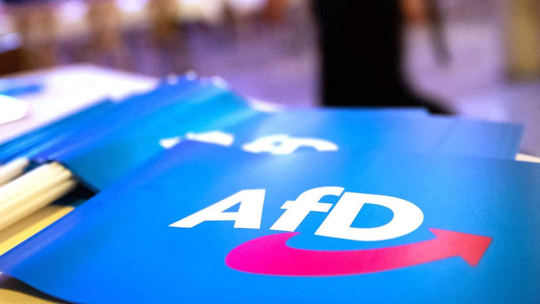 Fähnchen mit dem Logo der AfD liegen auf einem Tisch.