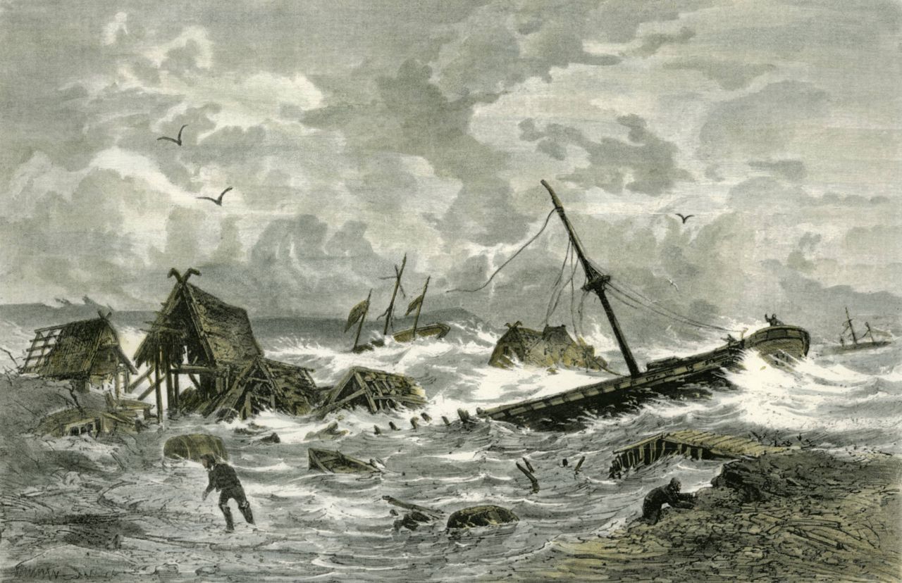 Sturmfluten sind für Küstendörfer aber schon seit Jahrhunderten ein Riesenproblem, wie dieser Holzstich von 1872 zeigt. Bei der "zweiten Marcellusflut" (1362) sollen etwa 100.000 Menschen in 44 Dörfern gestorben sein.