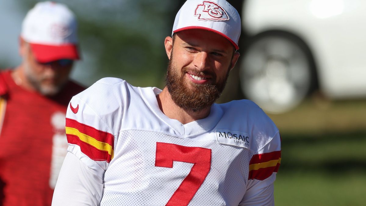 ST. JOSEPH, MO - AUGUST 02: Kansas City Chiefs kicker Harrison Butker (7) smiles during training camp on August 2, 2024 at Missouri Western State University in St. Joseph, MO. (Photo by Scott Winte...