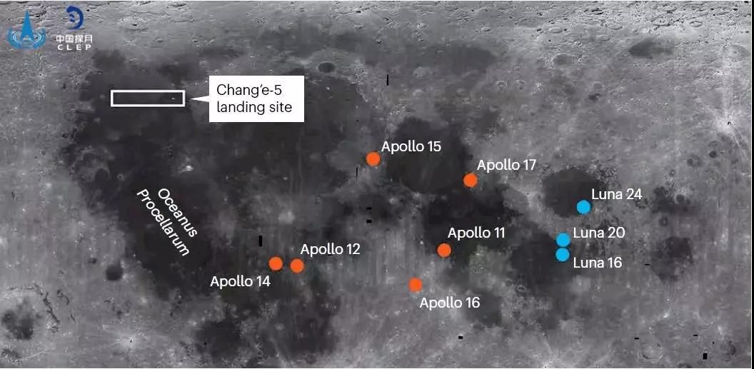 Die Landegebiete von Chang'e-5 und anderer Mondmissionen.