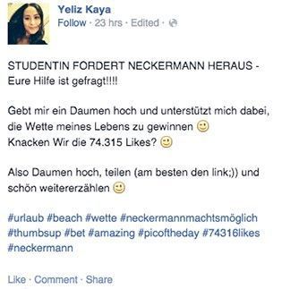 Bild: 74.315 Likes innerhalb von 14 Tagen musste Yeliz Kaya erhalten. Die Wette gewann die Studentin und durfte sich über eine Reise ihrer Wahl freuen. Bildquelle: Screenshot von facebook.com