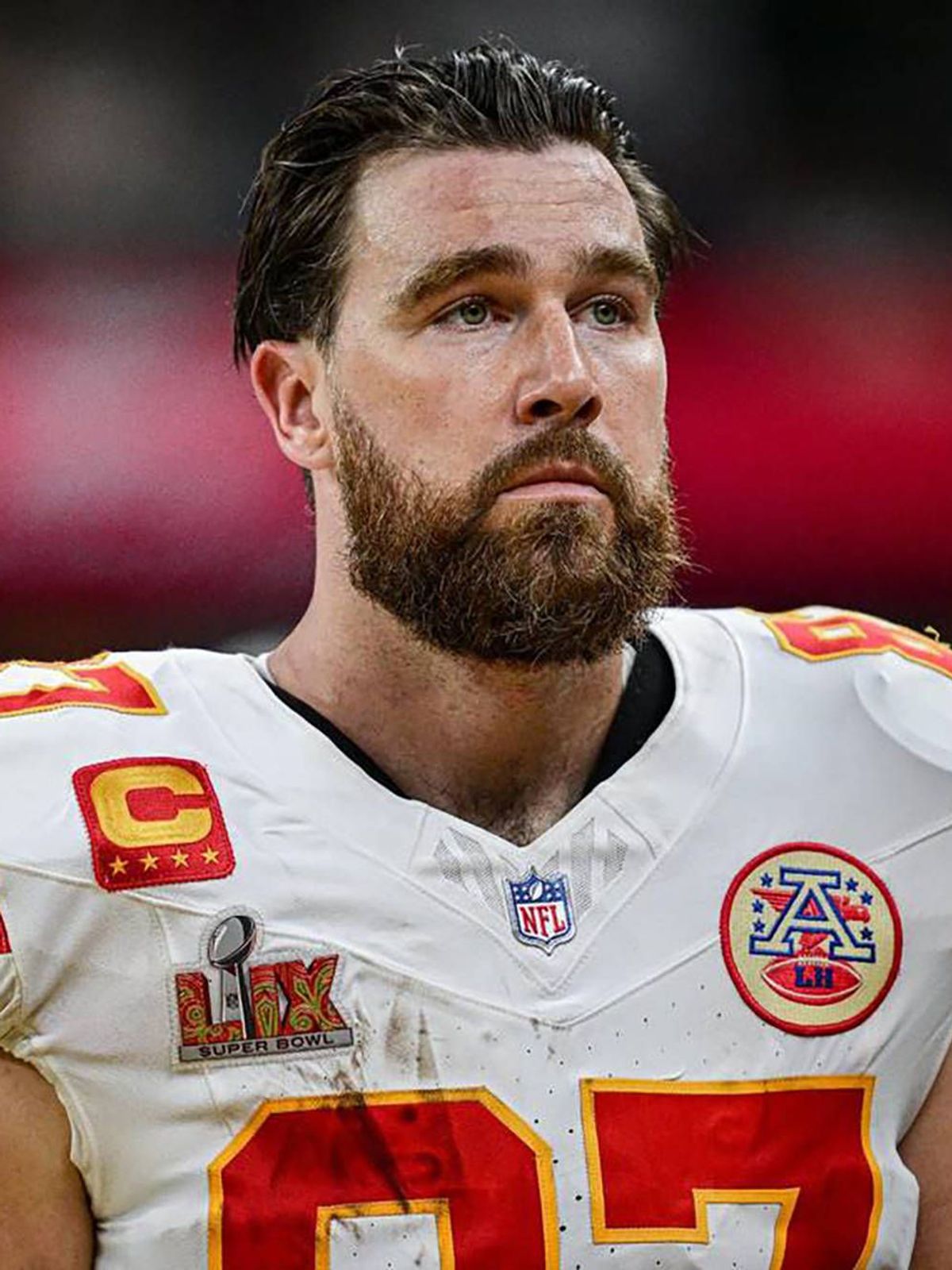 February 25, 2025: Kansas City Chiefs tight end Travis Kelce (87) walks off the field after the Chiefs lost to the Philadelphia Eagles, 40-22, in Super Bowl LIX on Feb. 9, 2025, in New Orleans. - Z...
