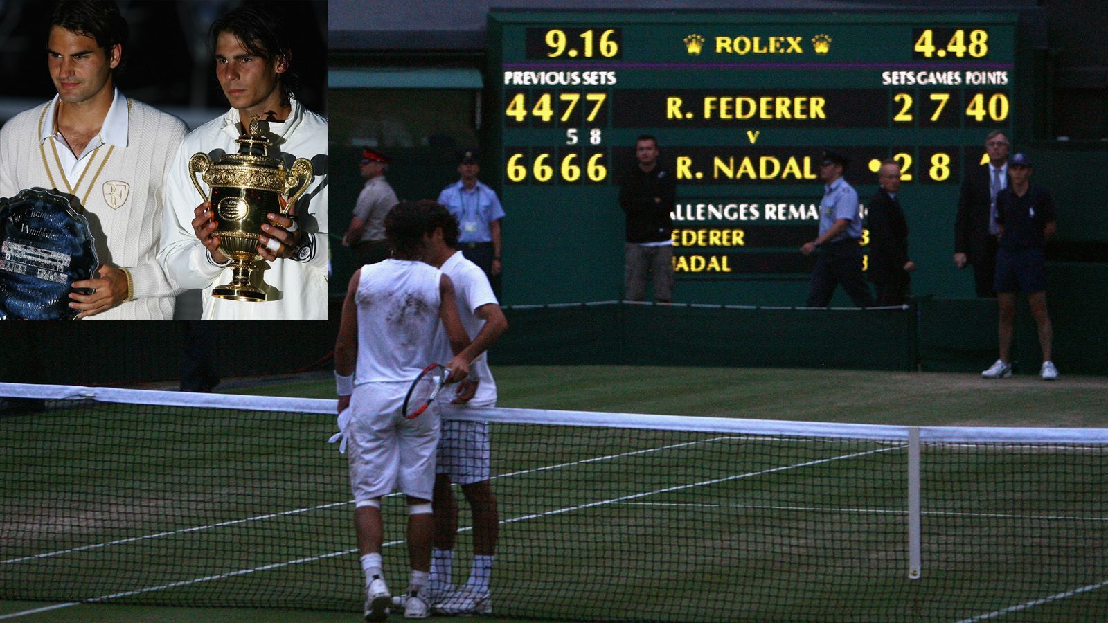 
                <strong>2008: Finale von Wimbeldon </strong><br>
                Episches Match in London: Das bislang größte und längste Duell liefern sich die beiden Superstars 2008 beim Wimbledon-Finale in London. Nach 4:48 Stunden besiegt Nadal seinen Schweizer Rivalen in einem Match voller Hochspannung in fünf Sätzen 6:4, 6:4, 6:7, (5:7), 6:7 (8:10), 9:7. Es gilt als eines der besten Matches der Tennis-Geschichte. Am Ende feiert Nadal seinen ersten Wimbledon-Triumph im Dunkeln.
              