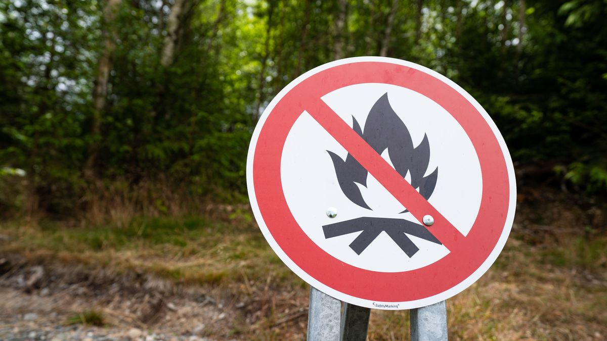 Ein Schild weist auf das Lagerfeuer-Verbot hin. Langanhaltende Trockenheit lässt das Waldbrandrisiko steigen.
