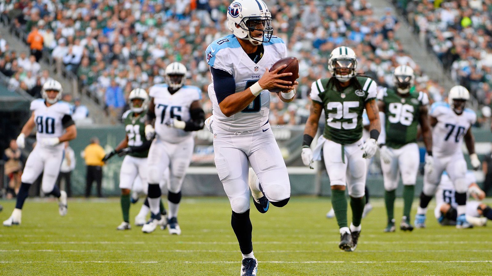 <strong>Tennessee Titans: 7 Quarterbacks</strong><br>
                Ryan Tannehill (63), Marcus Mariota (61), Jake Locker (12), Zach Mettenberger (10), Ryan Fitzpatrick (9), Will Levis (9), Charlie Whitehurst (5)
