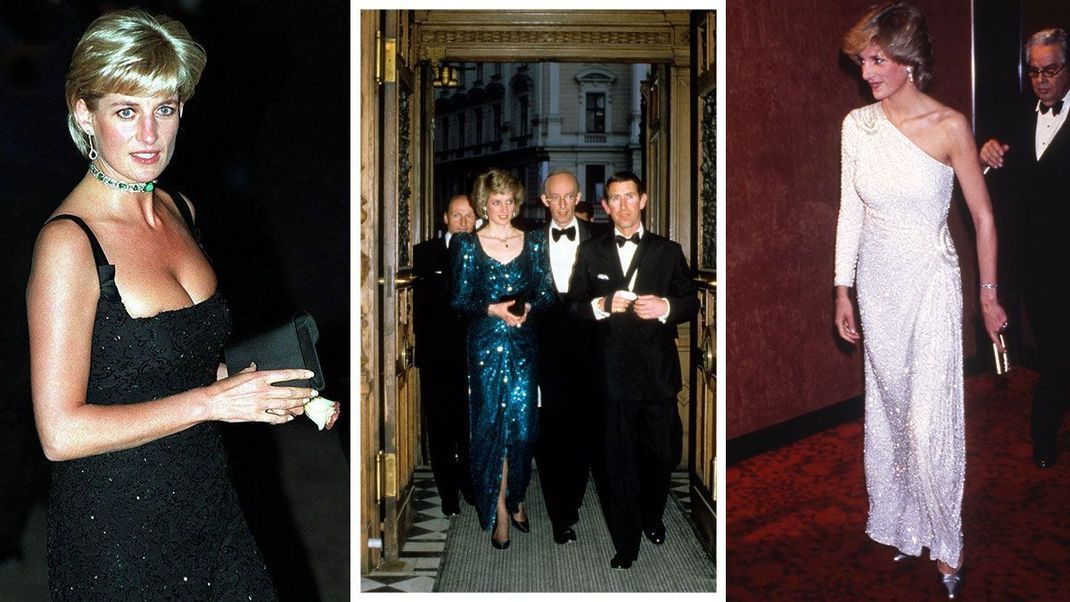 Viele glitzernde Pailletten und funkelnde Perlen - Prinzessin Diana strahlte mit ihren glitzernden Kleidern um die Wette.