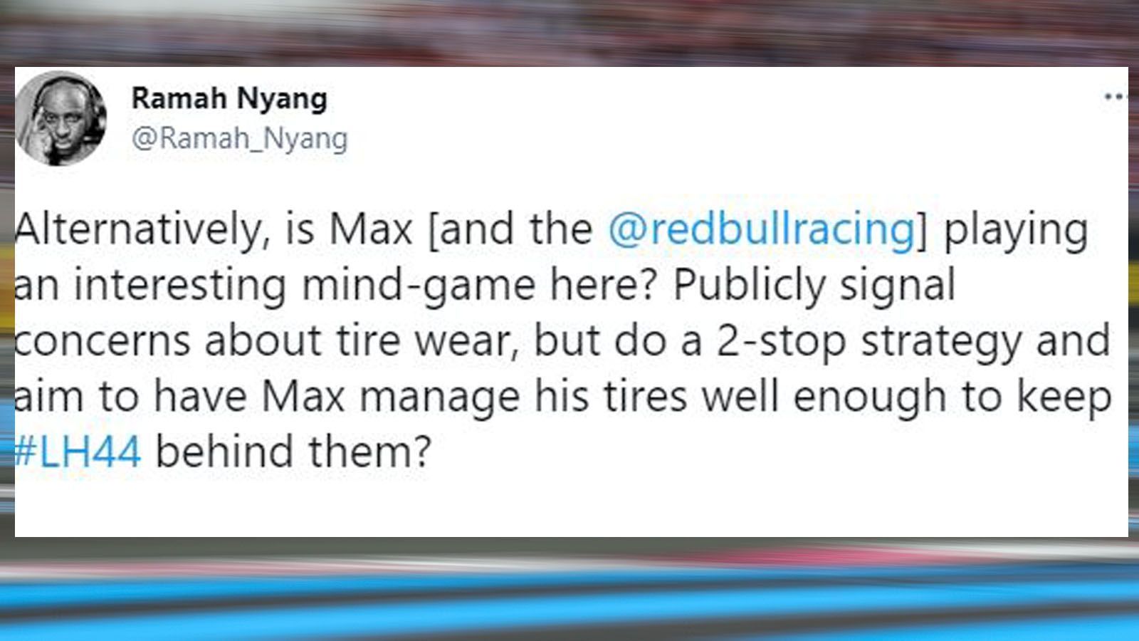 
                <strong>Mind Games von Red Bull?</strong><br>
                Im Gegensatz zu Mercedes, entscheidet sich Red Bull für eine Zwei-Stopp-Strategie und triumphiert damit. Zwischendurch wird auch über Mind Games spekuliert. 
              