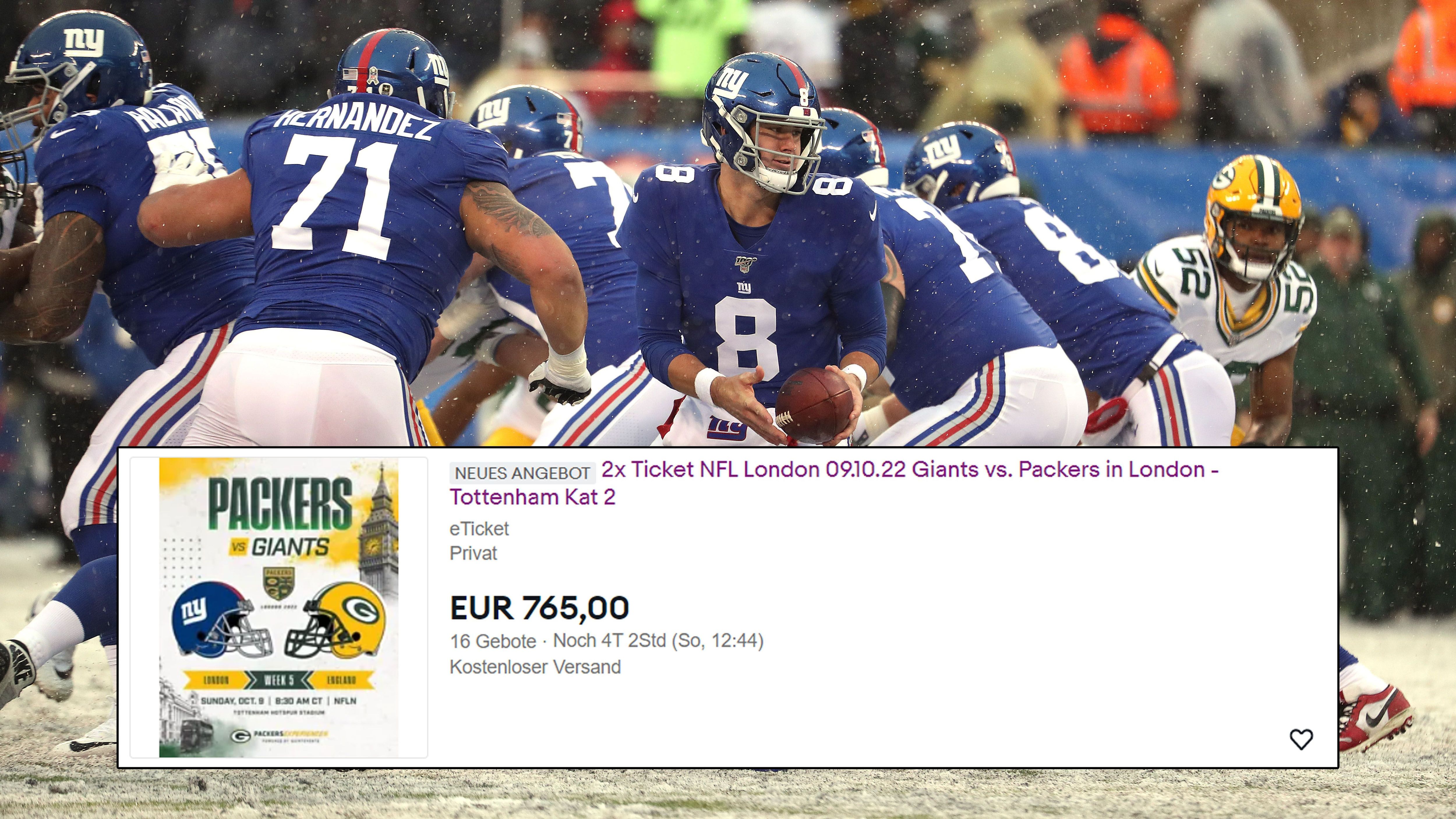 
                <strong>Giants vs. Packers </strong><br>
                Für diese Tickets zum Spiel der Giants gegen die Packers hat der Bieterwettstreit bereits gewonnen. Am Morgen des 27. Juli lag das Spitzenangebot bei 765 Euro. Wie hoch der Preis wohl am Sonntag liegen wird? 
              