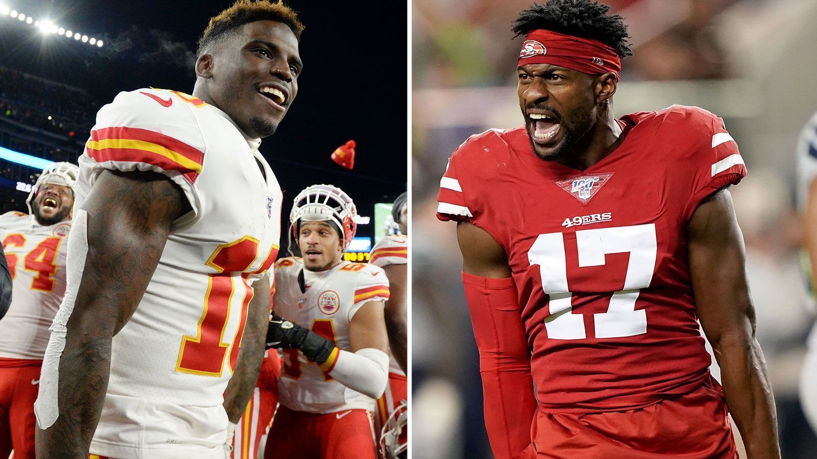 
                <strong>Wide Receiver im Head-to-Head-Vergleich</strong><br>
                Die Chiefs können auf den schnellsten Spieler der Liga bauen: Tyreek Hill (l.) könnte sogar in einem 100-Meter-Sprint-Finale mithalten, legte diese Distanz zu besten Zeiten unter zehn Sekunden zurück. Neun Receiving Touchdowns gehen in dieser Saison bereits auf das Konto des wuseligen Laufwunders. Dazu kommen beim AFC-Champion Rookie Mecole Hardman (sechs Touchdown-Catches), Demarcus Robinson (vier) oder Sammy Watkins (vier) - jede Menge Auswahl also für Mahomes. Beim Gegner von der Westküste sind Rookie Deebo Samuel (drei) und Emmanuel Sanders (r./drei) neben dem überraschend starken Backup Kendrick Bourne (sechs) die Scoring-Maschinen. Dennoch punktet auch hier KC, womit es 3:0 für die Chiefs steht.
              