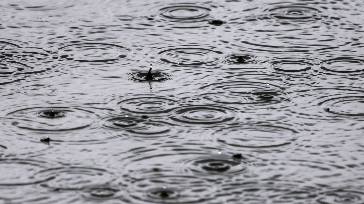 Regen prasselt auf die Wasseroberfläche des Hopfensees. 