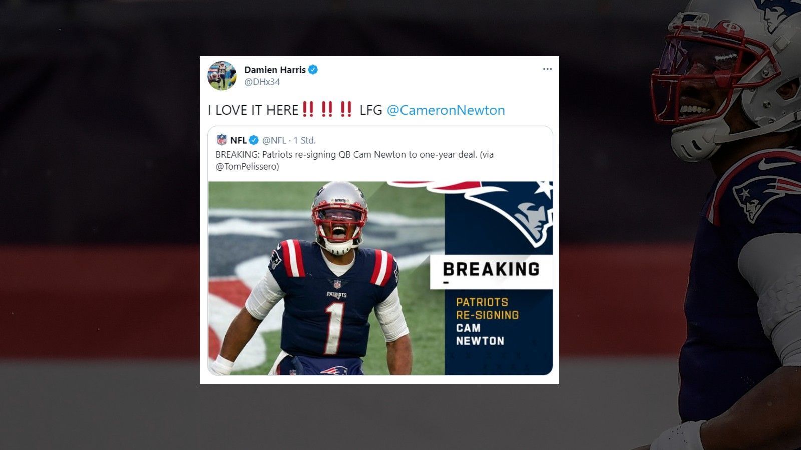 
                <strong>Netzreaktionen zum Verbleib von Cam Newton</strong><br>
                Running Back und Teamkollege Damien Harris scheint sich in jedem Fall zu freuen.
              