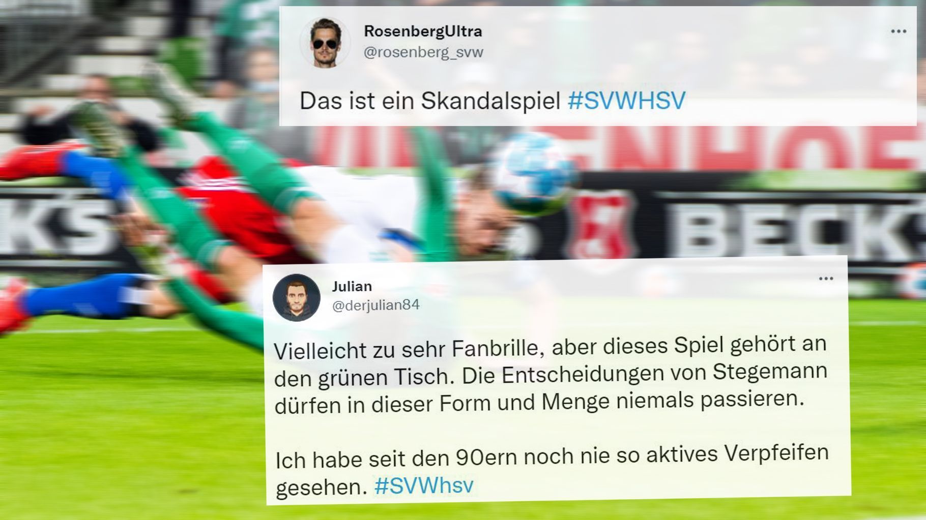 
                <strong>Fans wüten: "Skandalspiel"</strong><br>
                Aus den Emotionen heraus, kennen nicht alle Werder-Fans die Regel. Es sind daher Szenen, die die Anhänger durchdrehen lassen ...
              
